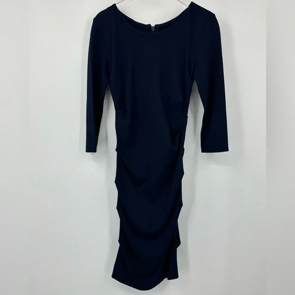 Nicole Miller Artelier Navy Blue Ruched Dress Midi Womens Small 006082 | O134 - Picture 5 of 12